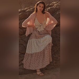 NWT Promesa Unique Soul Block-Print Tiered Halter Maxi Dress